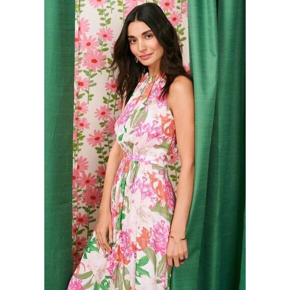 CeCe Pink Floral Print Halter Neck Tie Back Cut Out Pleated Maxi Dress Size 14W - Picture 5 of 9